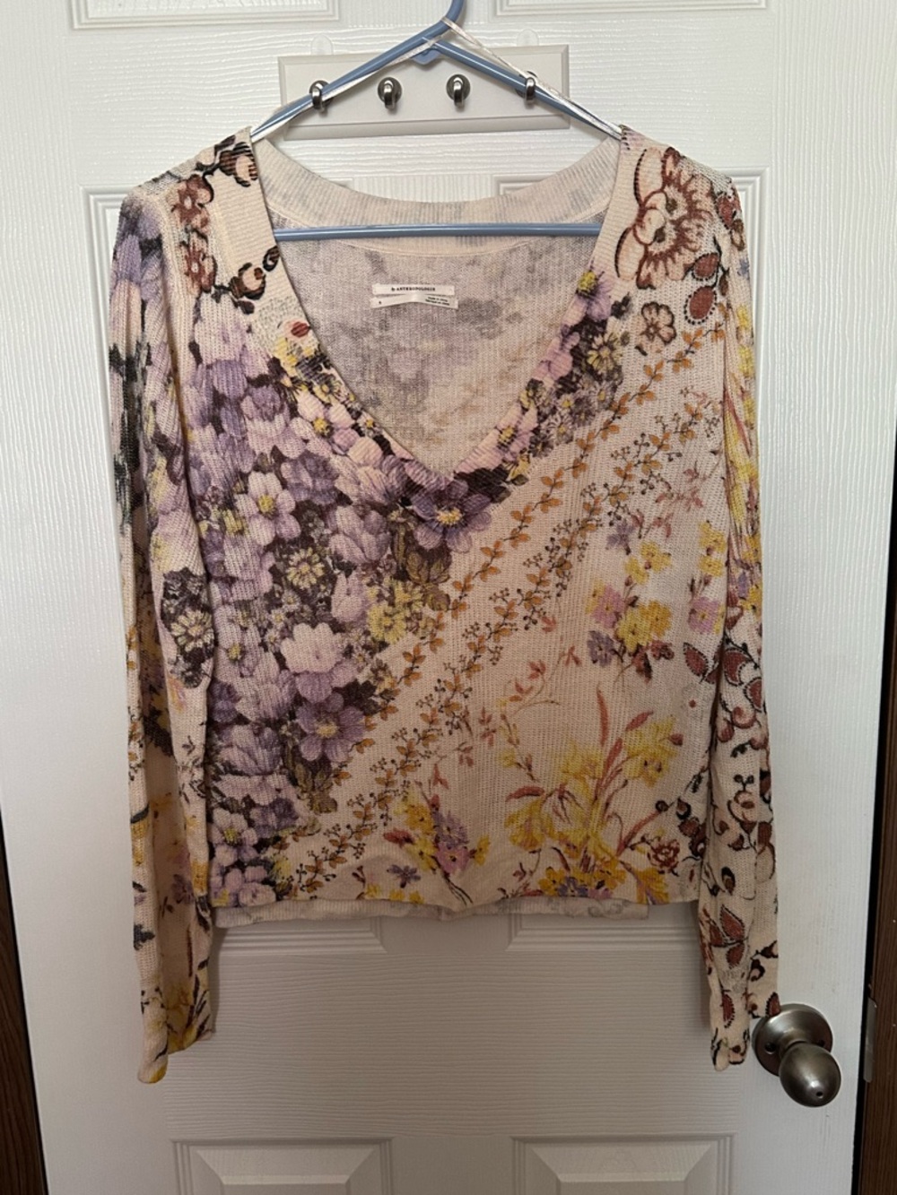 Anthropologie Floral V-Neck Long Sleeve Top in Cream, Lavender, Yellow